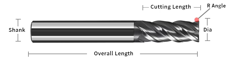 HRC45 4-flute corner radius end mill dimension reference