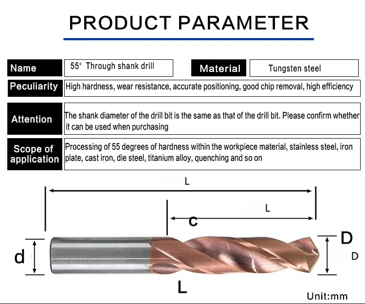 Dimension diagram for coated solid carbide straight-shank drill