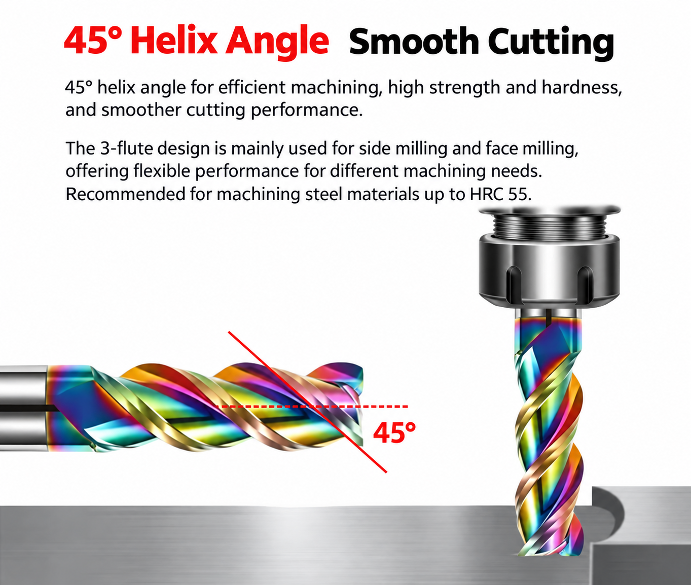 Standard 45-degree helix of HY DLC-coated three-flute aluminum square end mill