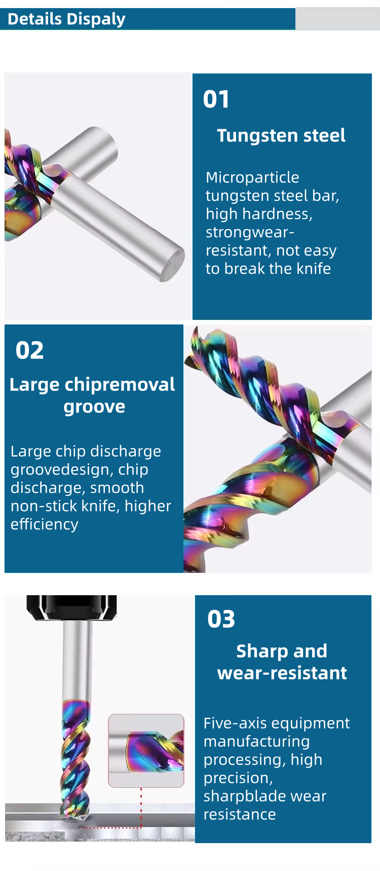 HY DLC-coated three-flute aluminum end mill cutting-edge and flute details