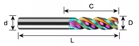 DLC-coated three-flute aluminum end mill dimension reference