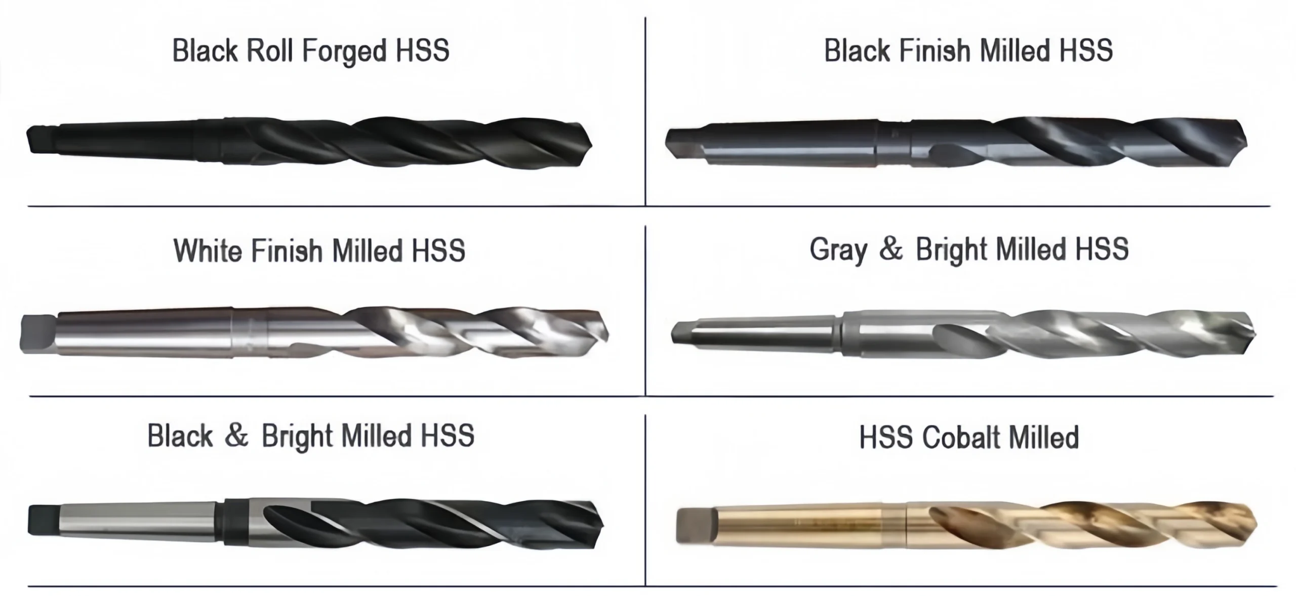 HSS Morse taper drill finish and manufacturing options HSS Morse taper drill manufacturing and finish options including black, bright, milled, and cobalt variants