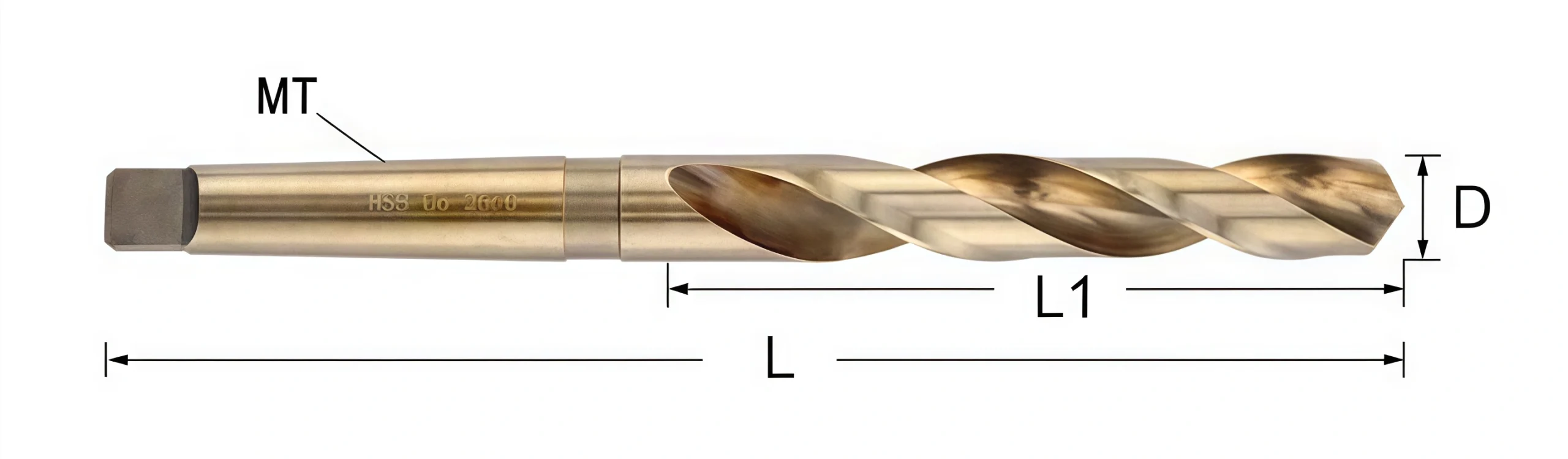 M2 HSS Morse taper shank drill dimensions showing diameter D, flute length L1, overall length L and MT shank