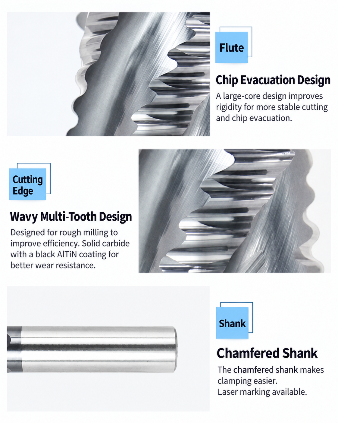 Four-flute carbide roughing end mill for steel machining
