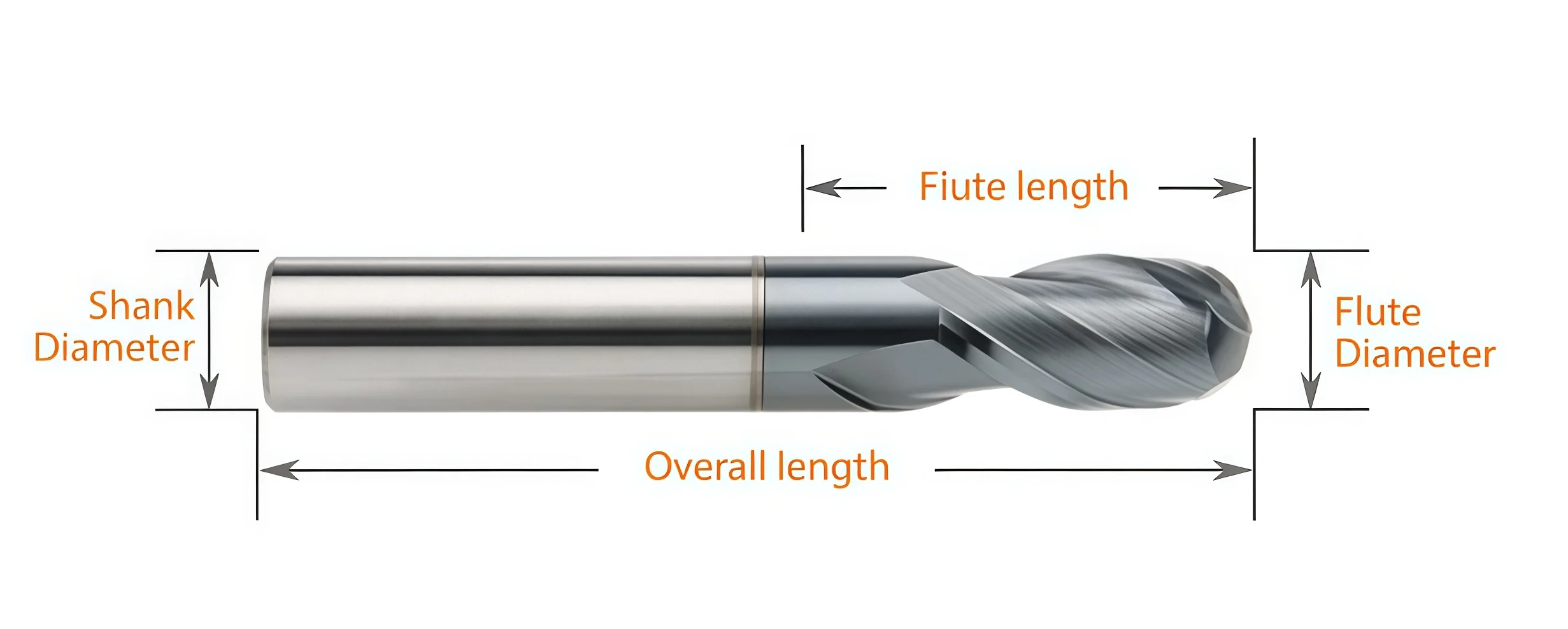 HRC45 to HRC65 2-flute solid carbide ball nose end mill dimension reference