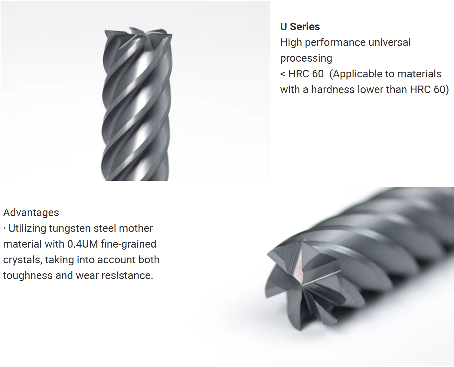 Fine-grain carbide and six-flute geometry of HRC60 square end mill