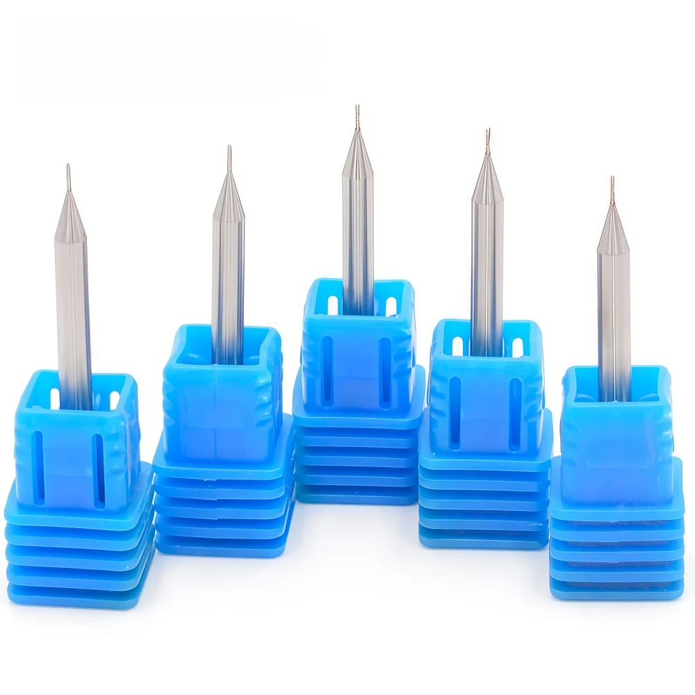 solid carbide micro end mills in blue protective cases Close-up of solid carbide micro end mills for aluminum in blue protective cases