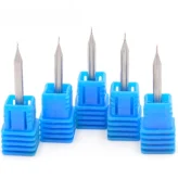Close-up of solid carbide micro end mills for aluminum in blue protective cases