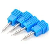 Polished solid carbide micro square end mills for aluminum arranged in blue protective cases
