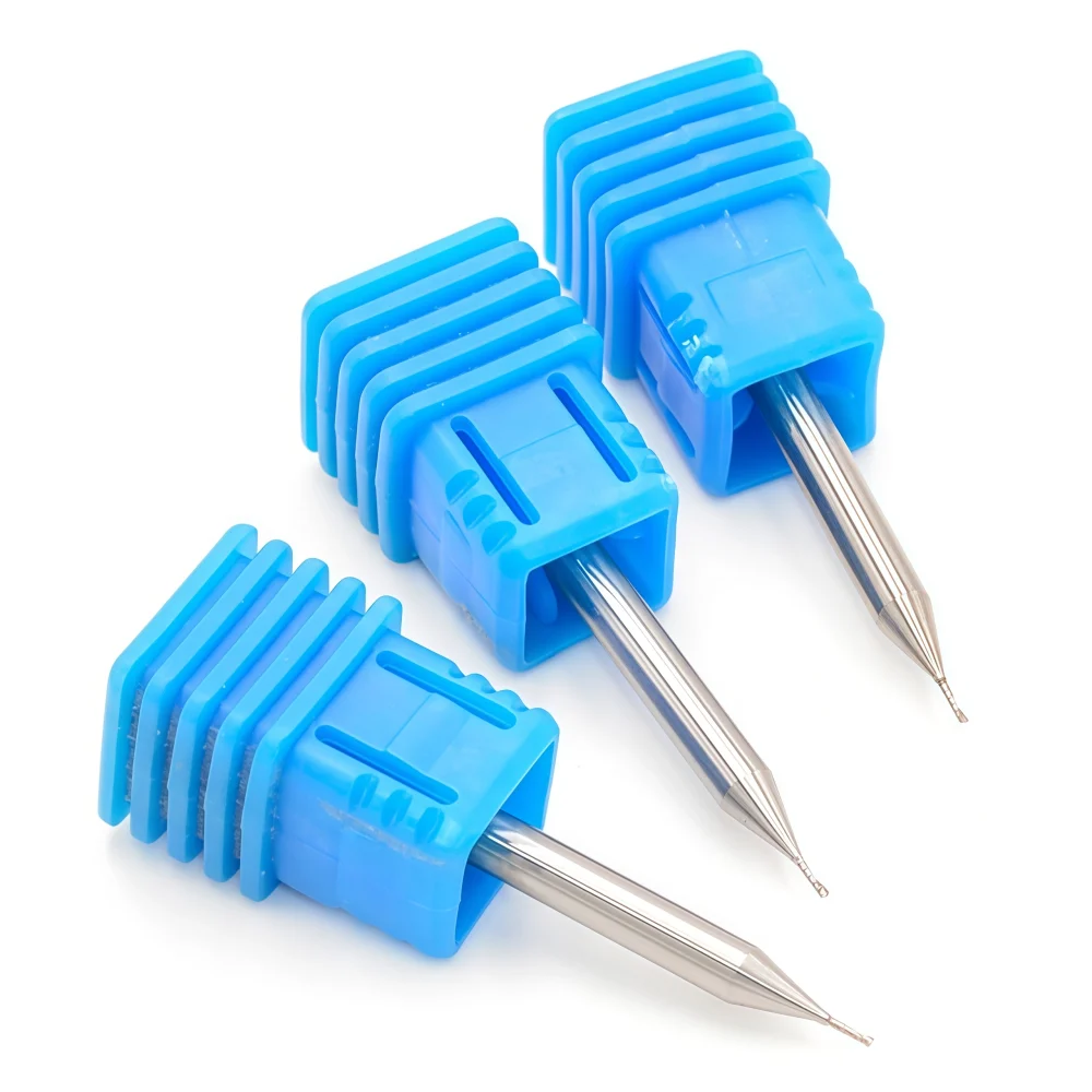 2-Flute Polished Solid Carbide Micro Square End Mill for Aluminum Close-up of solid carbide micro end mills for aluminum in blue protective cases