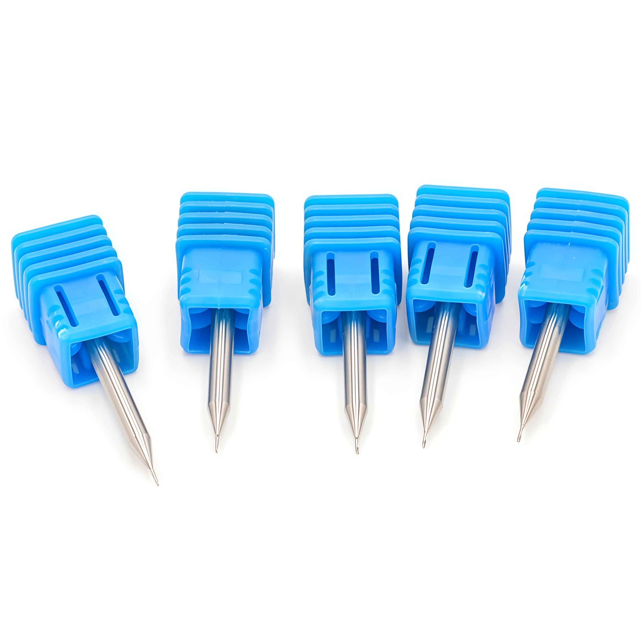 End Mill One Flute Micro Endmill Cutting Tools 4 副本 5 Five micro square end mills for aluminum displayed upright in blue protective cases