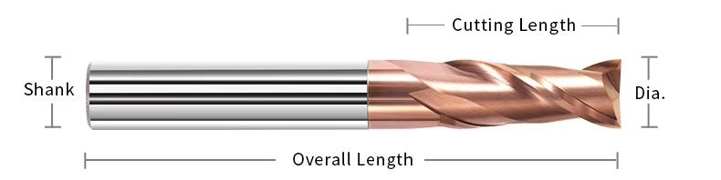 HRC55 2-flute solid carbide square end mill dimension reference