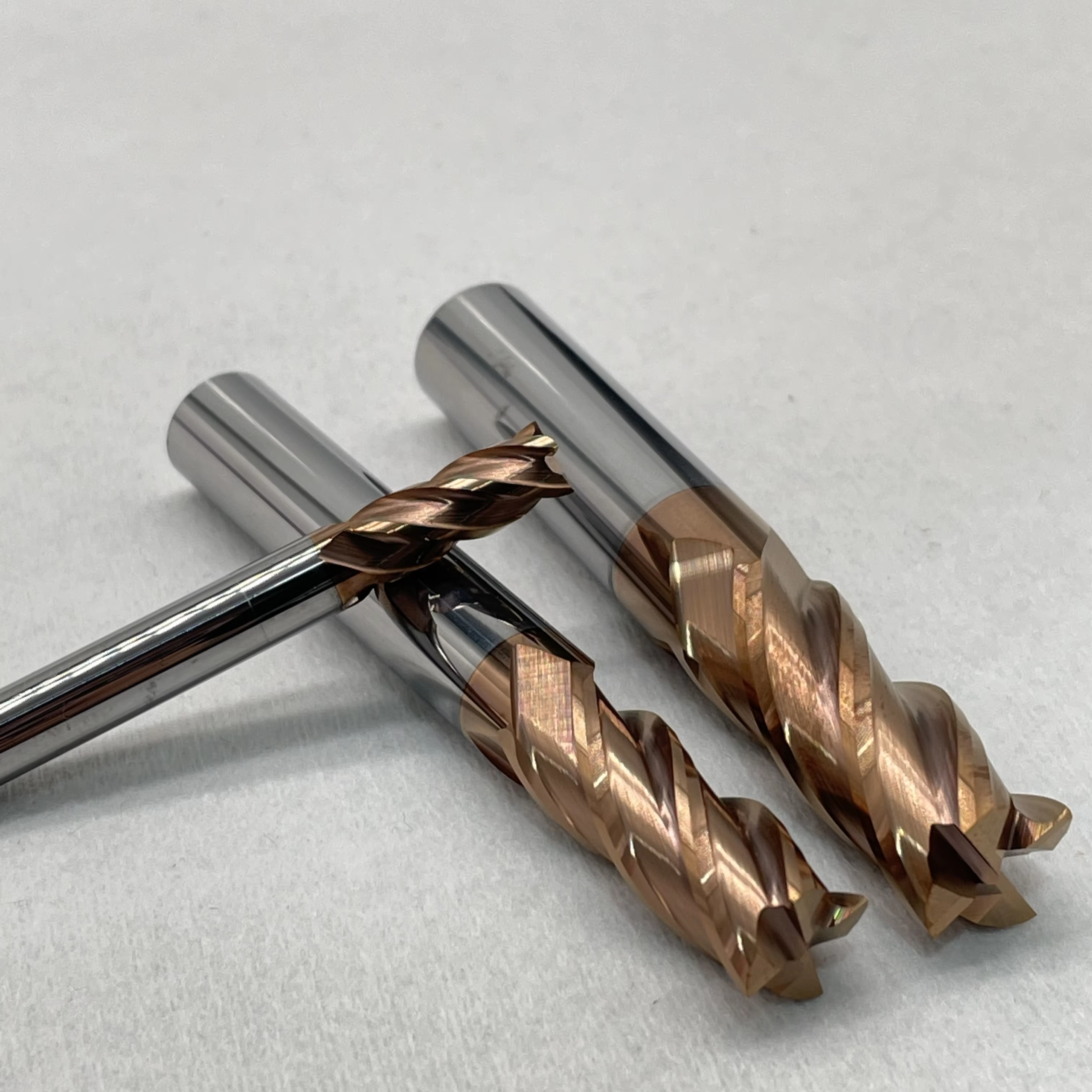 Close-up of 4 flute HRC55 solid carbide square end mills for steel machining