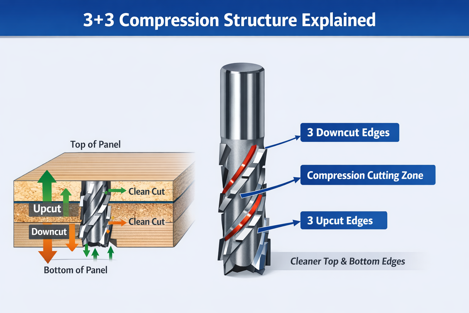 3+3 compression spiral router bit structure explained