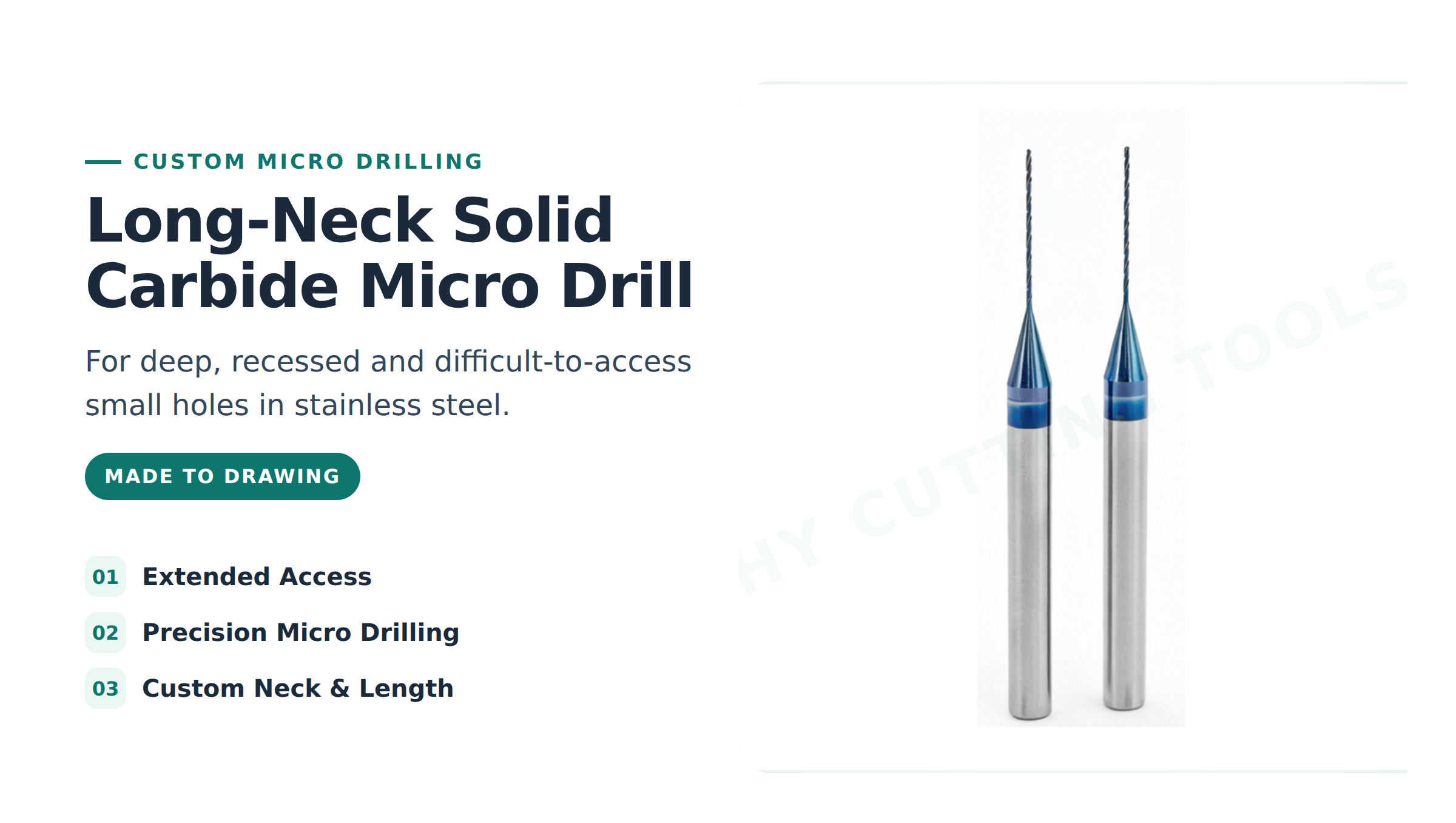 Long-neck solid carbide micro drill for deep small holes in stainless steel