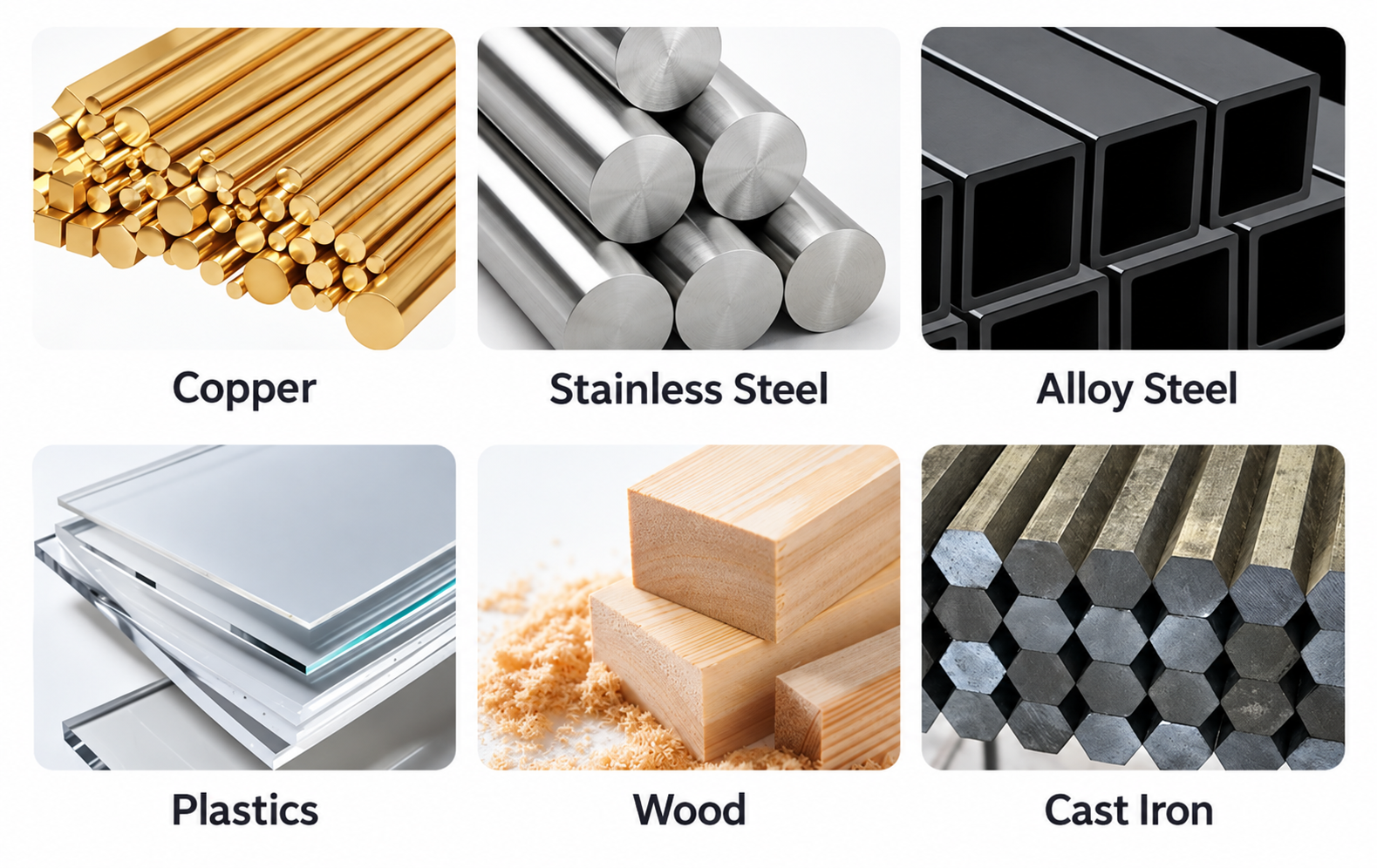 Copper、Stainless Steel、Alloy Steel、Plastics、Wood、Cast Iron application materials