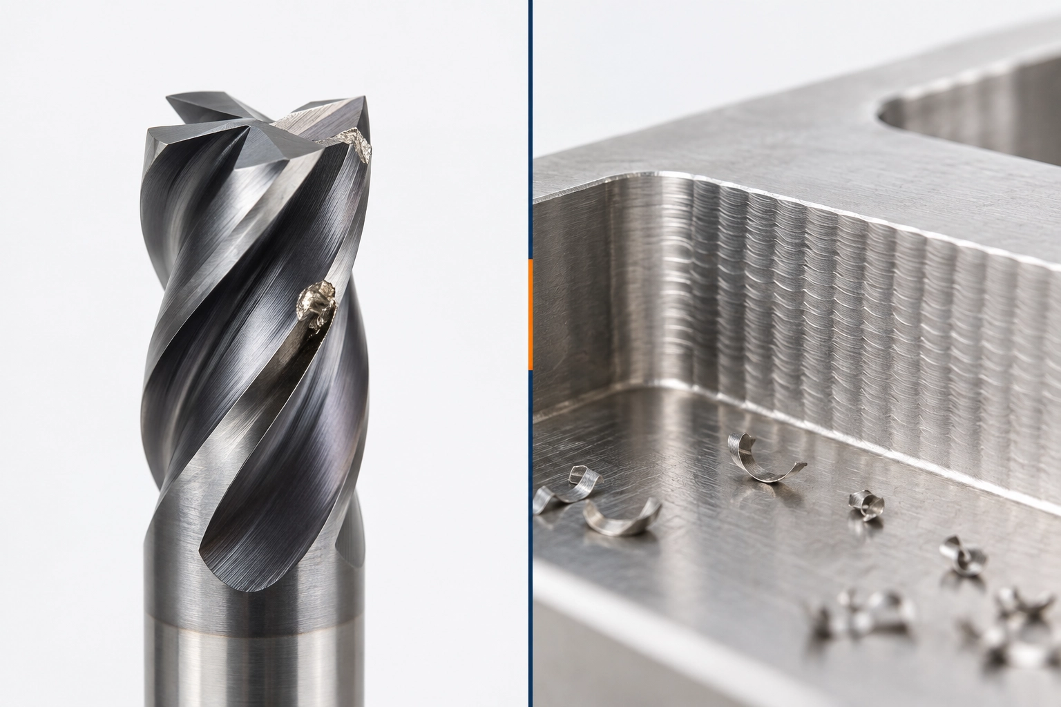 Conceptual comparison of a carbide cutting edge and milled wall marks for stainless steel end mill chipping and chatter diagnosis