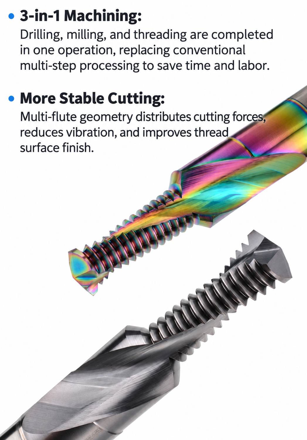 Solid Carbide 3-in-1 Drill Chamfer and Thread Mill processing step advantage