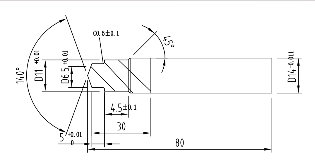 Approved technical drawing of the Ø6.5, Ø11 and Ø14 custom multi-step drill