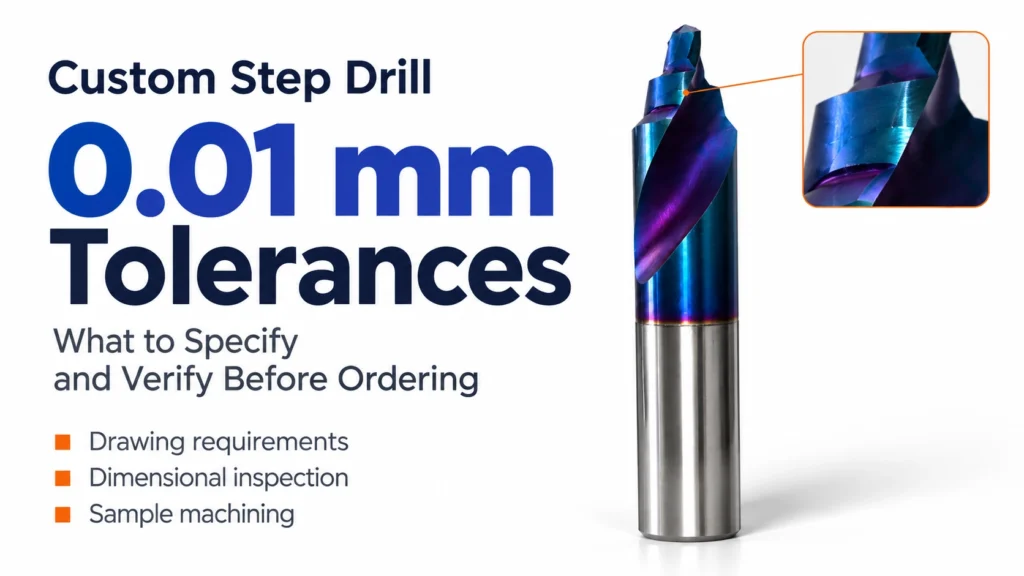 Custom step drill 0.01 mm tolerances guide cover showing a blue-purple drill and enlarged step detail