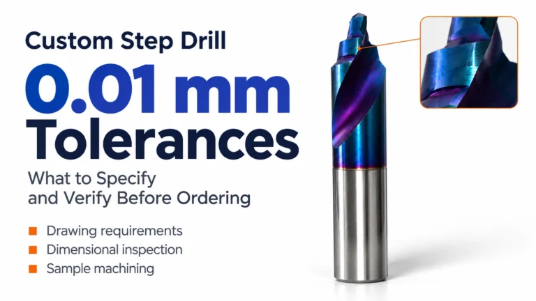 Custom step drill 0.01 mm tolerances guide cover showing a blue-purple drill and enlarged step detail