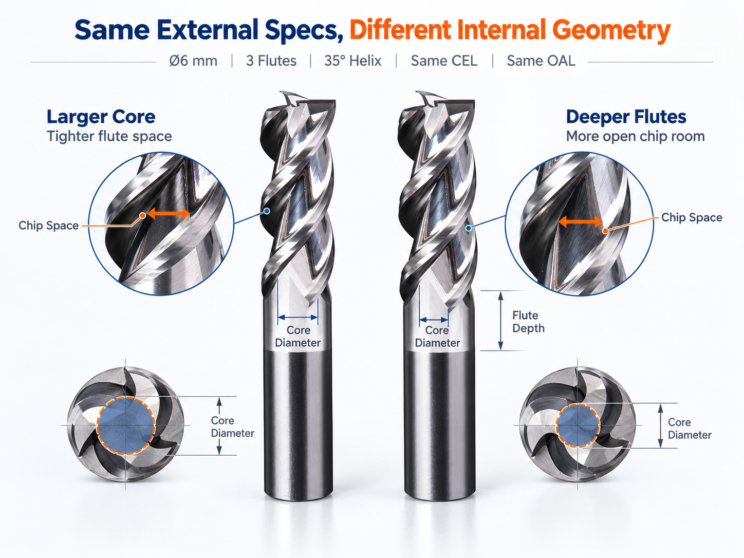Aluminum end mills with matching external specifications and different internal geometry